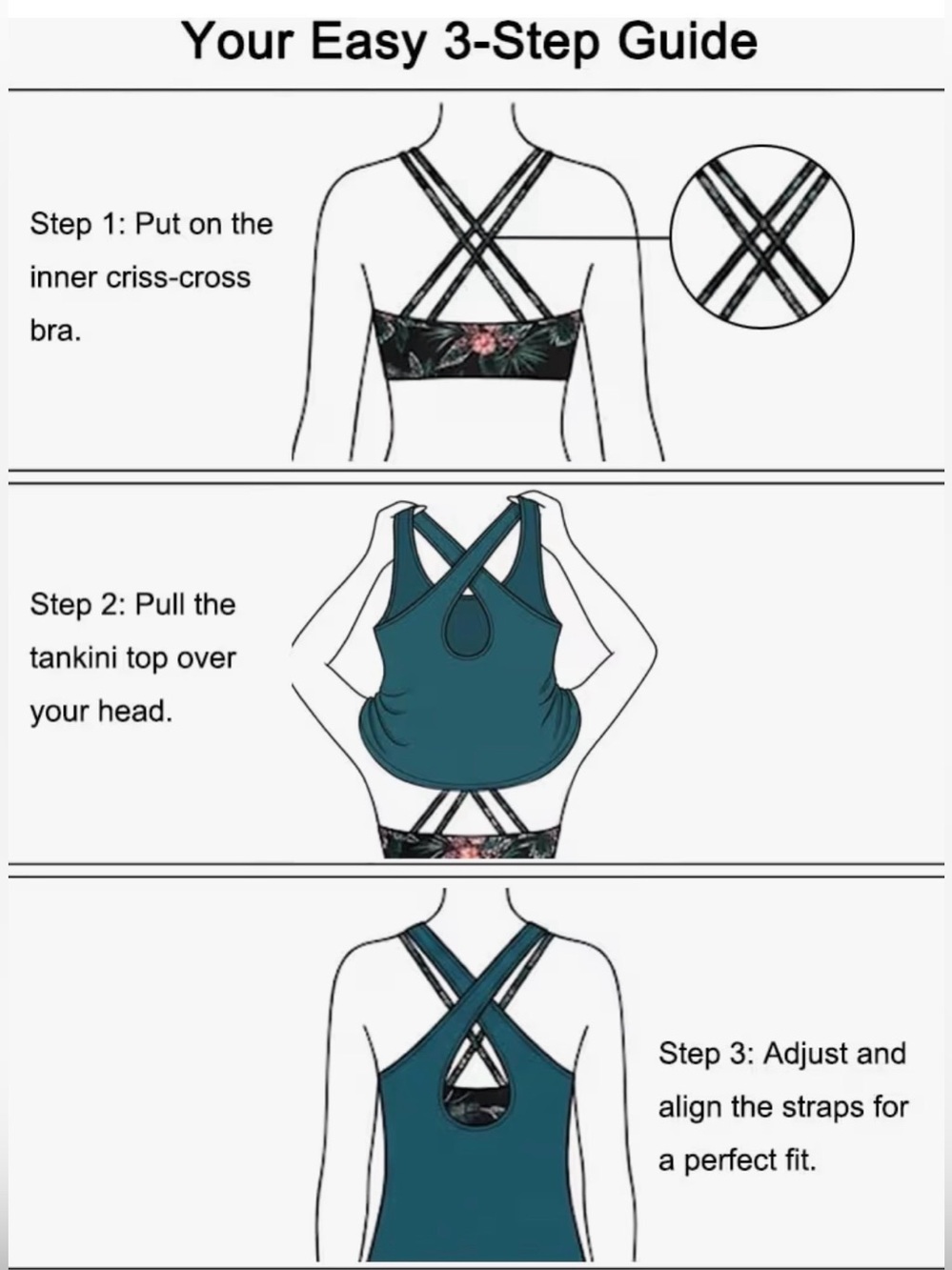 Teal Floral Strappy Tankini Set - Holipick 3 piece set-XL - Picture 4 of 7